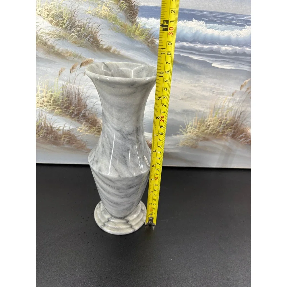 Gray White Marble Stone Vase Tapered Polished Decorative Bud Vase 8 Inch